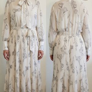 Cream Floral Tie-Neck Maxi Dress with Self-Tie Waist